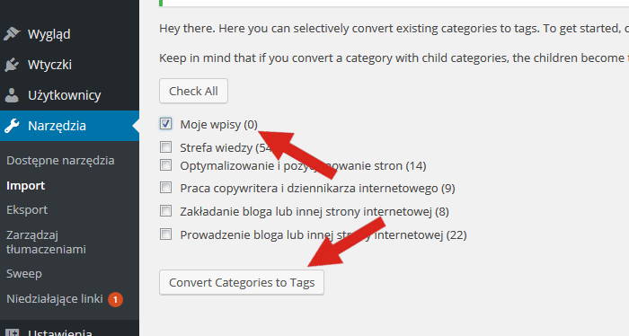 Jak w WordPress zmienić tag na kategorię i odwrotnie